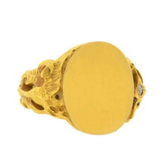 Art Nouveau Gold Signet Ring with Bird and Fox Motif