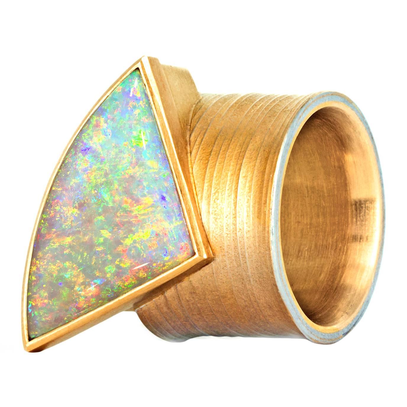 Eva Steinberg Multi-Color Flashfire Opal Gold Platinum Cylinder Band Ring