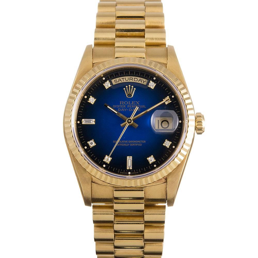 Rolex Yellow Gold Diamond Dial Day-Date Blue Vignette Wristwatch