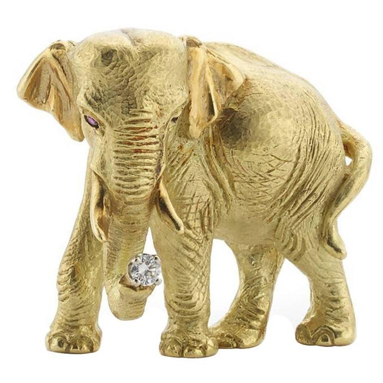 Tiffany and Co. Ruby Diamond Gold Elephant Brooch at 1stDibs