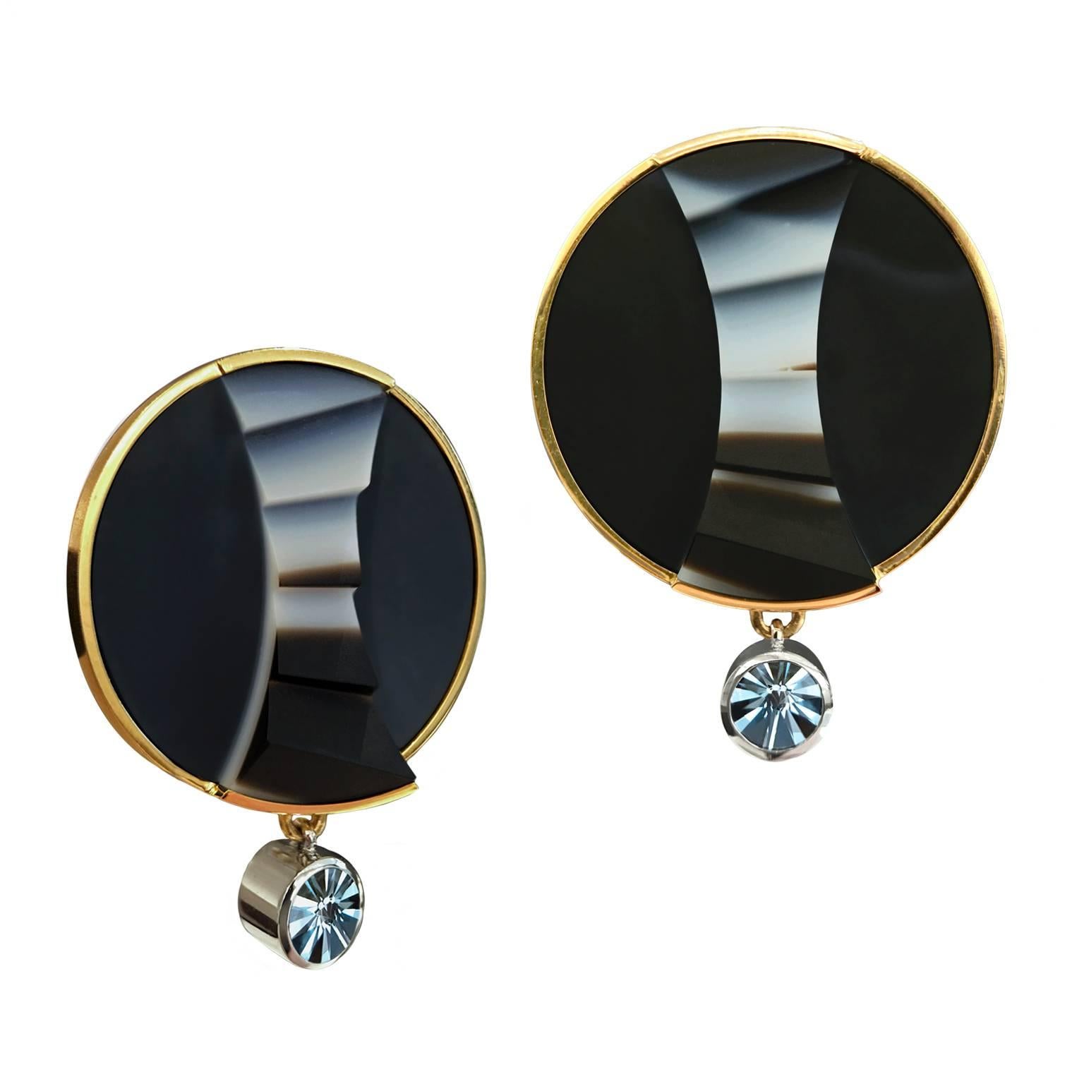 Atelier Munsteiner Black White Agate Spirit Aquamarine Gold Platinum Earrings