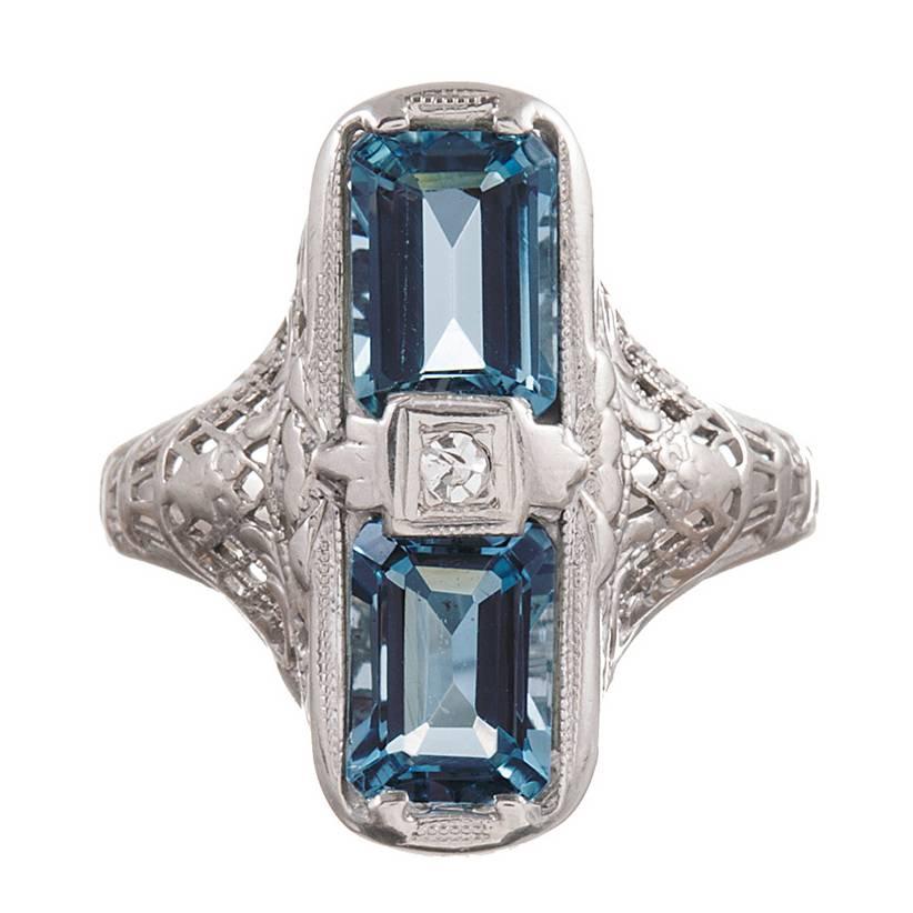 1920s American Made Aquamarine Diamond Gold Filigree Ring