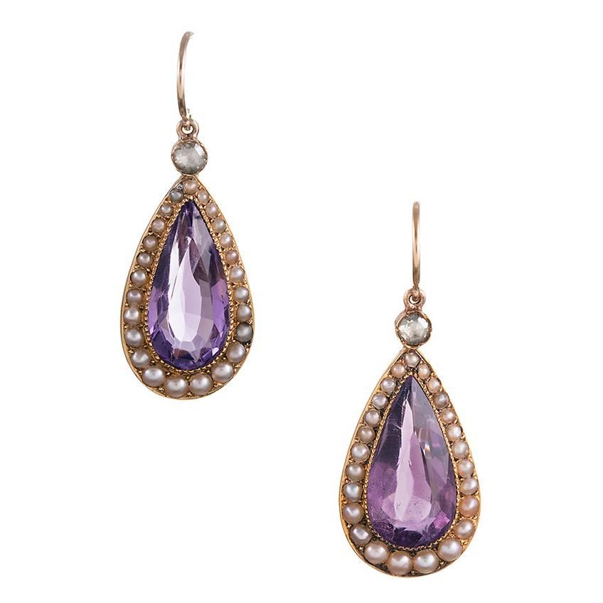 1870s Amethyst Natural Pearl Diamond Gold Victorian Drop Earrings