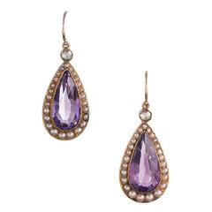 Antique 1870s Amethyst Natural Pearl Diamond Gold Victorian Drop Earrings