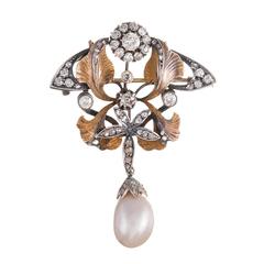 Victorian Natural Pearl Diamond Silver Gold Pin Pendant