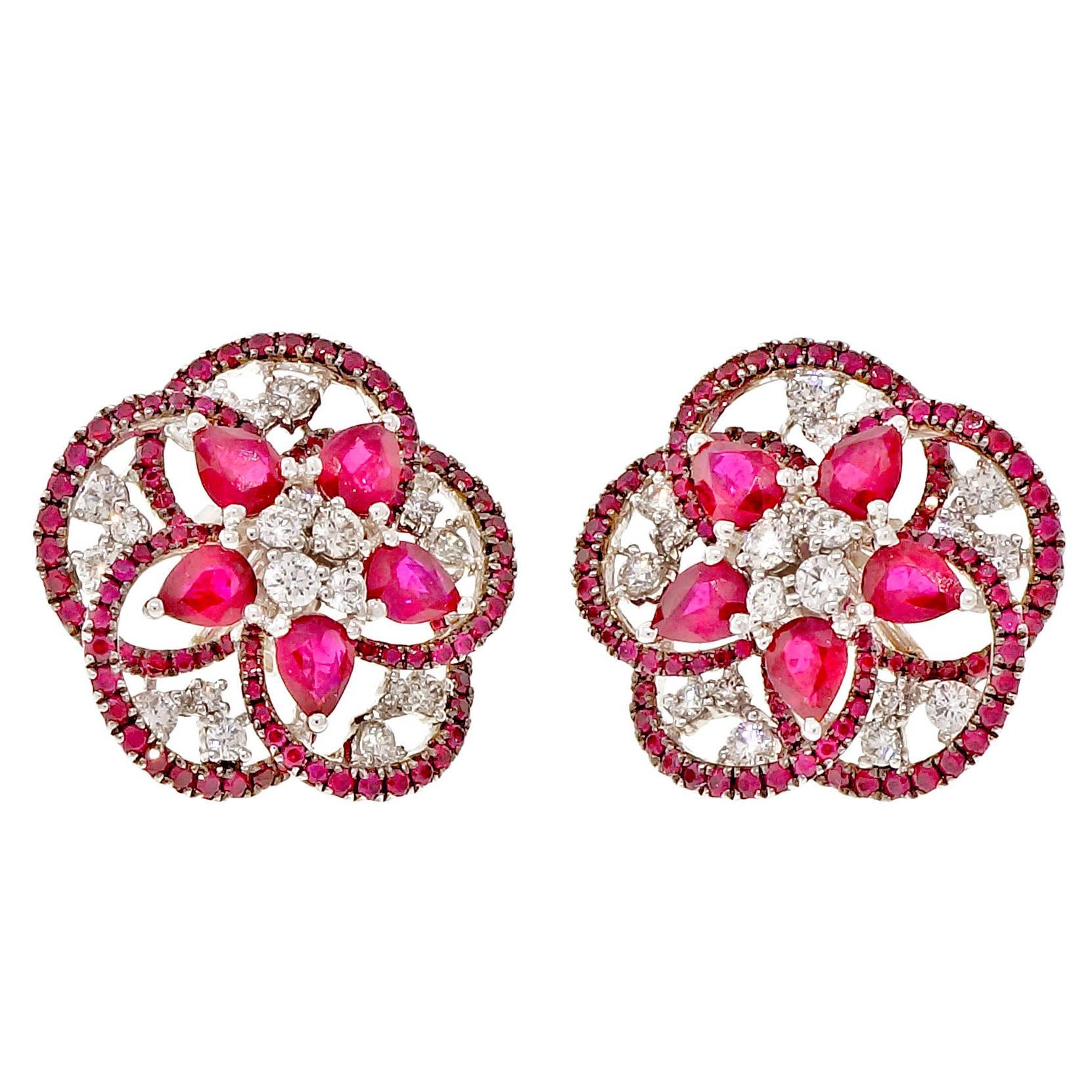 Pear Ruby Diamond Gold Swirl Circle Earrings