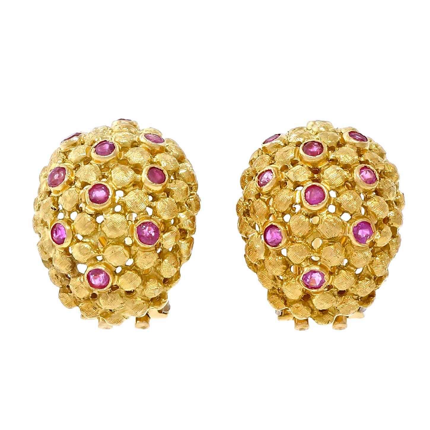 Spitzer & Furman Ruby Gold Domed Clip Post Earrings For Sale