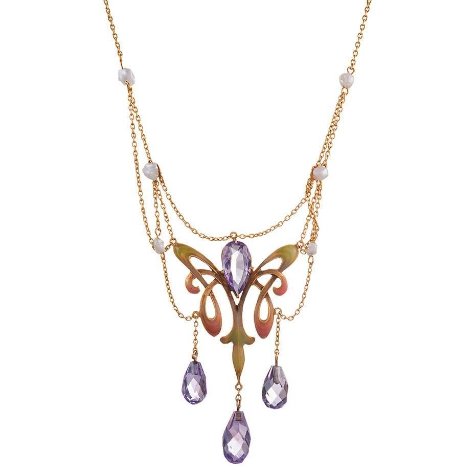 1895 Art Nouveau Enamel Pearl Amethyst Gold Necklace