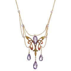 1895 Art Nouveau Enamel Pearl Amethyst Gold Necklace