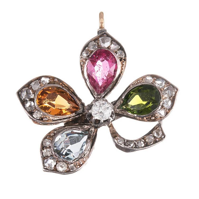1880s Victorian Gemstone Diamond Silver Gold Four-Leaf Clover Pendant For Sale