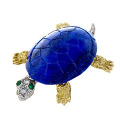 Vintage Dimensional Natural Lapis Emerald Diamond Gold Turtle Pin