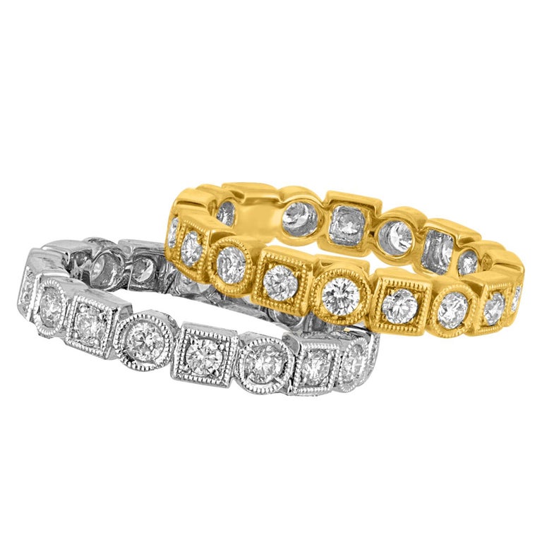 1.90 Carats Set Of 2 Stackable Diamond Gold Eternity Band Rings For