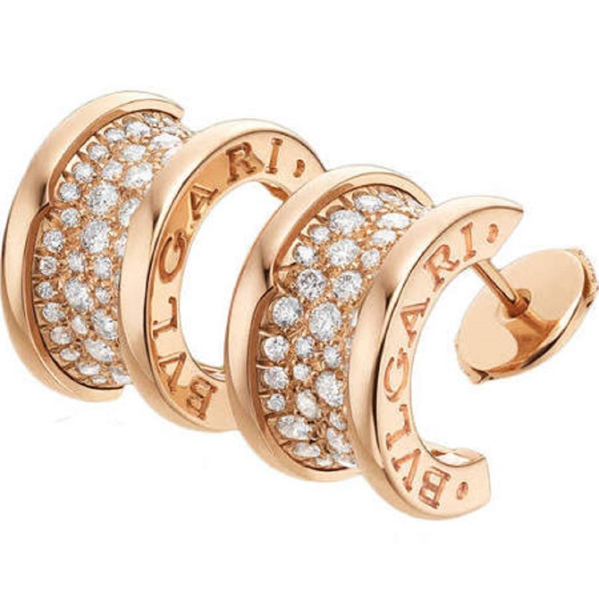 Signed New Bulgari B.Zero1 Collection Pave Diamond Rose Gold Earrings