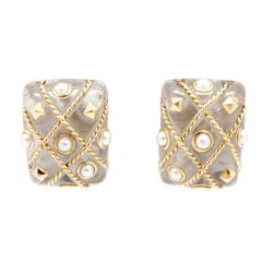 18kt Gold Hand Carved Rock Crystal Pearl Pyramid Cage Statement Clip On Earrings