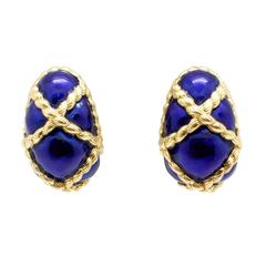 18kt Gold Royal Blue Enamel Gold Whimsical Shrimp "X" Caged Patterned Ear Clips