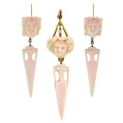 Antique Victorian Hand Carved Angel Skin Coral Earring Pendant Set