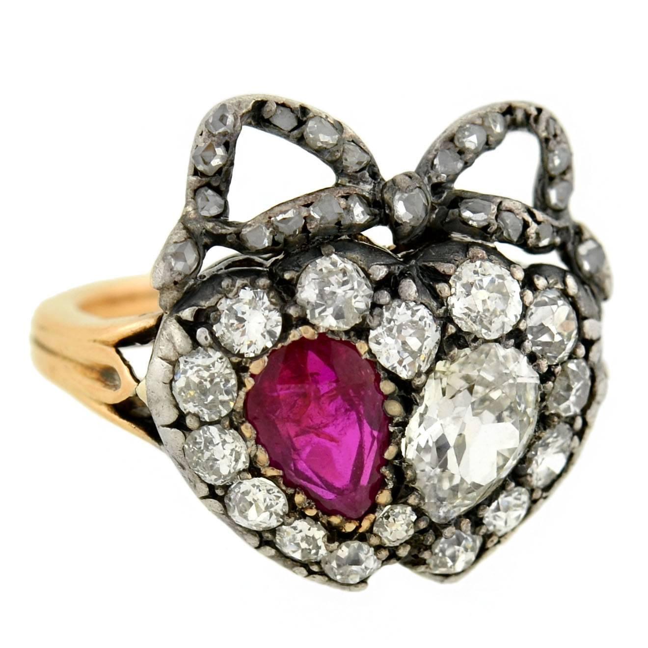 Victorian Ruby Diamond  Double Heart Ring