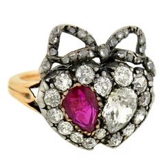 Antique Victorian Ruby Diamond  Double Heart Ring