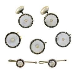 Birks Art Deco Mother of Pearl Sterling Silver Cufflink Stud and Button Set