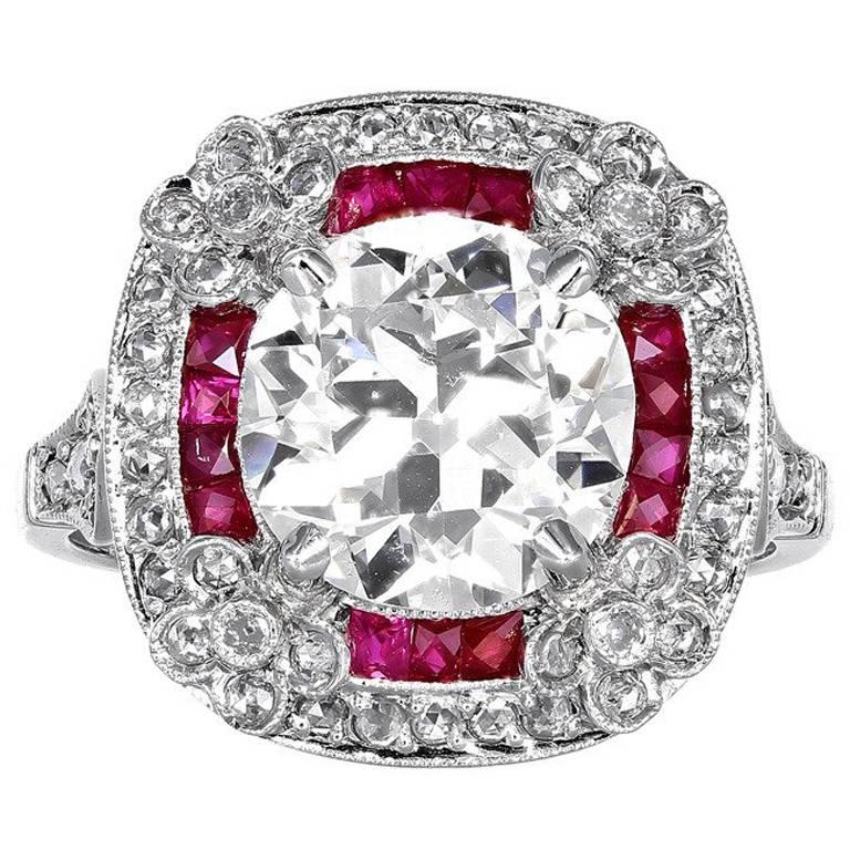 2.96 Carat Old Mine Cut Diamond Ruby Halo Platinum Ring