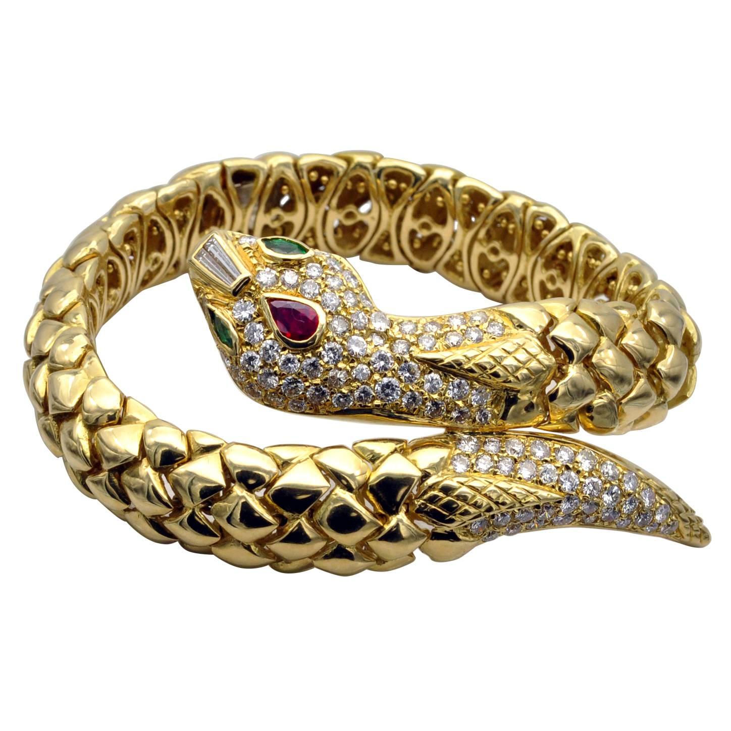 Yellow Gold Ruby and Emerald White Diamond Snake Cuff Bracelet