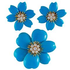 Van Cleef & Arpels Turquoise Diamond Gold Rose de Noel Brooch Suite 5