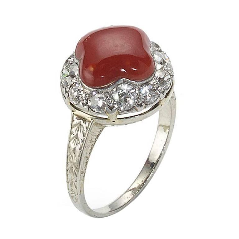 Coral Diamond Platinum Ring For Sale