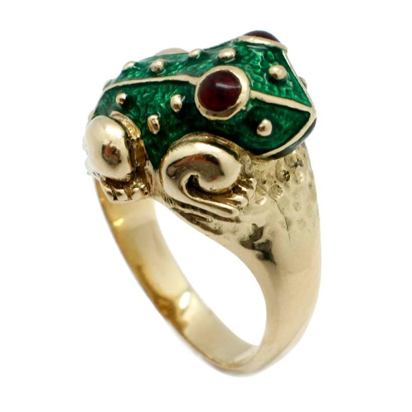 Signed Hidalgo 18kt Gold Perfect Green Enamel Work & Ruby Eyes Huge Frog Ring!