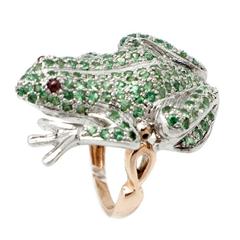 Silver on Rose Gold Tsavorite with Ruby Eyes Signed "Luise Gioielli" Frog Ring