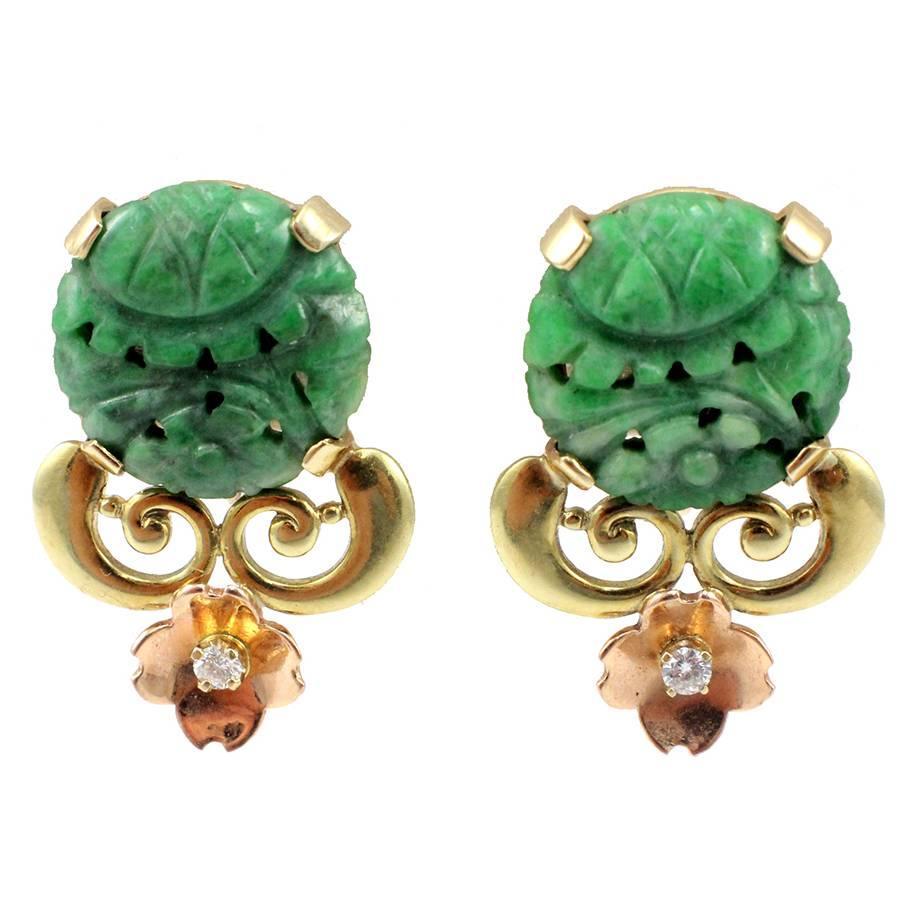 Vintage Signed Tiffany & Co. Rare Retro Hand Carved Jade Diamond Gold Earrings  For Sale