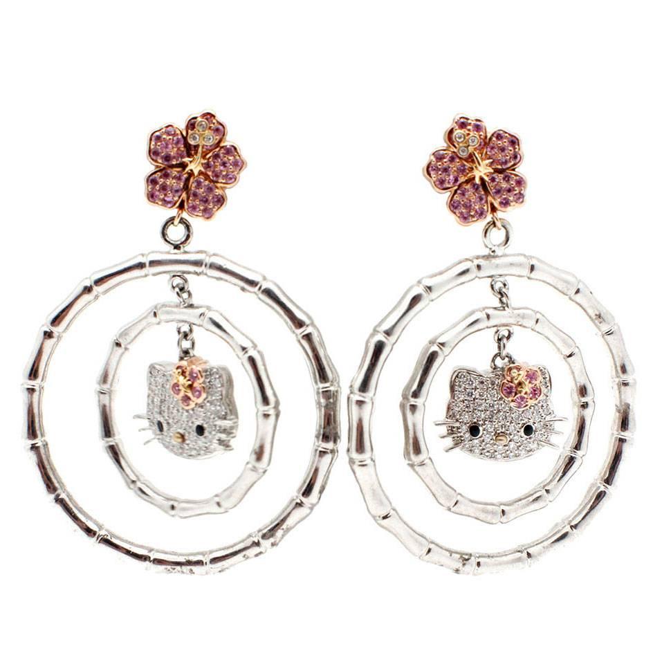 Kimora Lee Simmons Pink Sapphire Diamond Gold "Hello Kitty" Earrings  For Sale