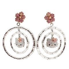Kimora Lee Simmons Pink Sapphire Diamond Gold "Hello Kitty" Earrings 