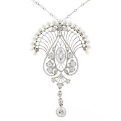 Edwardian Diamond Pearl Platinum Open Work Pendant Necklace