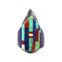 Charles Loloma Turquoise Lapis Inlay Sterling Silver Hopi Shield Ring