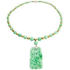 Antique Natural Graduated Round Jadeite Jade Bead Gold Pendant Necklace