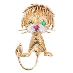 Ruby Emerald Diamond Lion Cub Brooche 2
