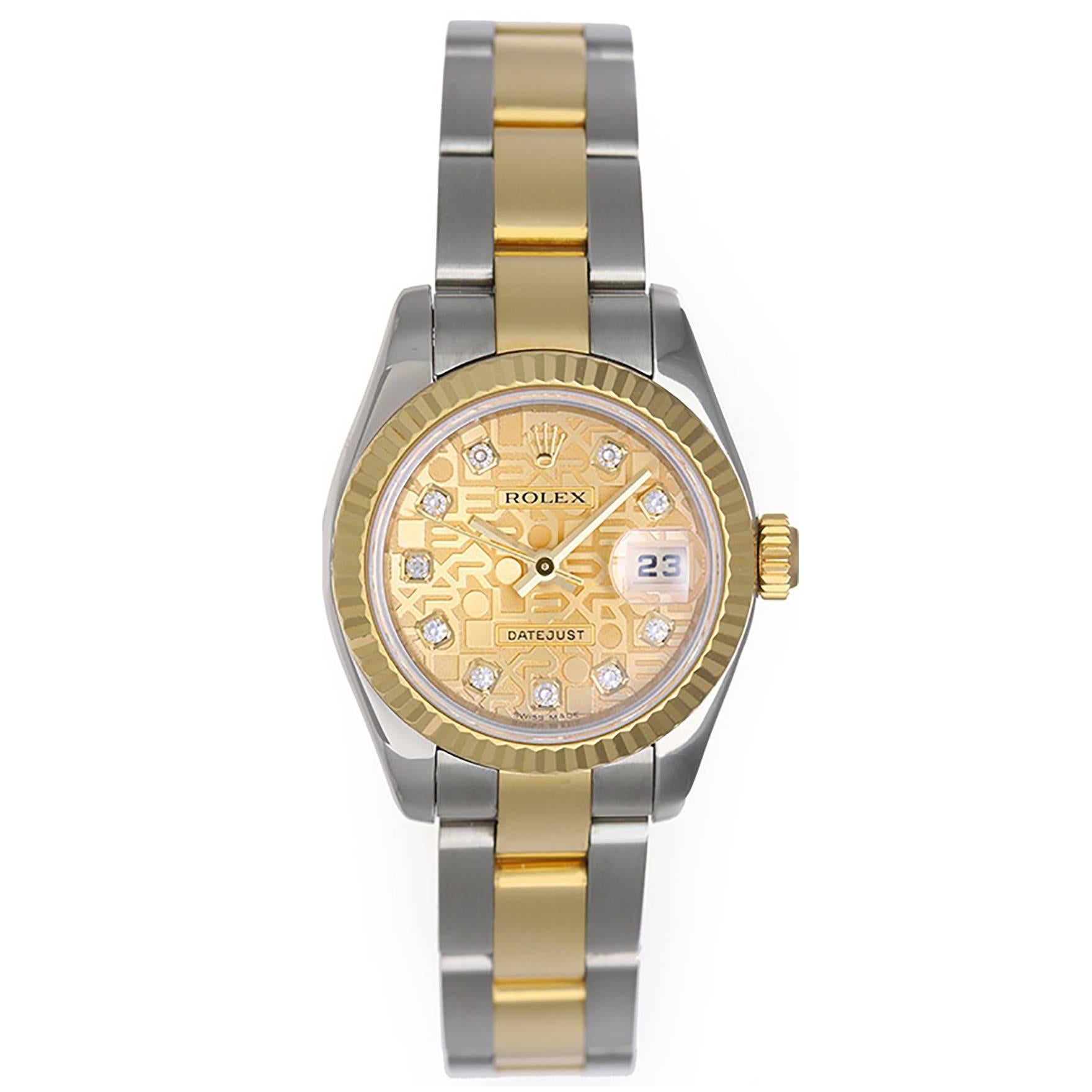 Rolex Yellow Gold Stainless Steel Diamond Dial Datejust Automatic Wristwatch 