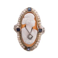 Antique Seed Pearl Sapphire Diamond Gold Filigree Cameo Ring 