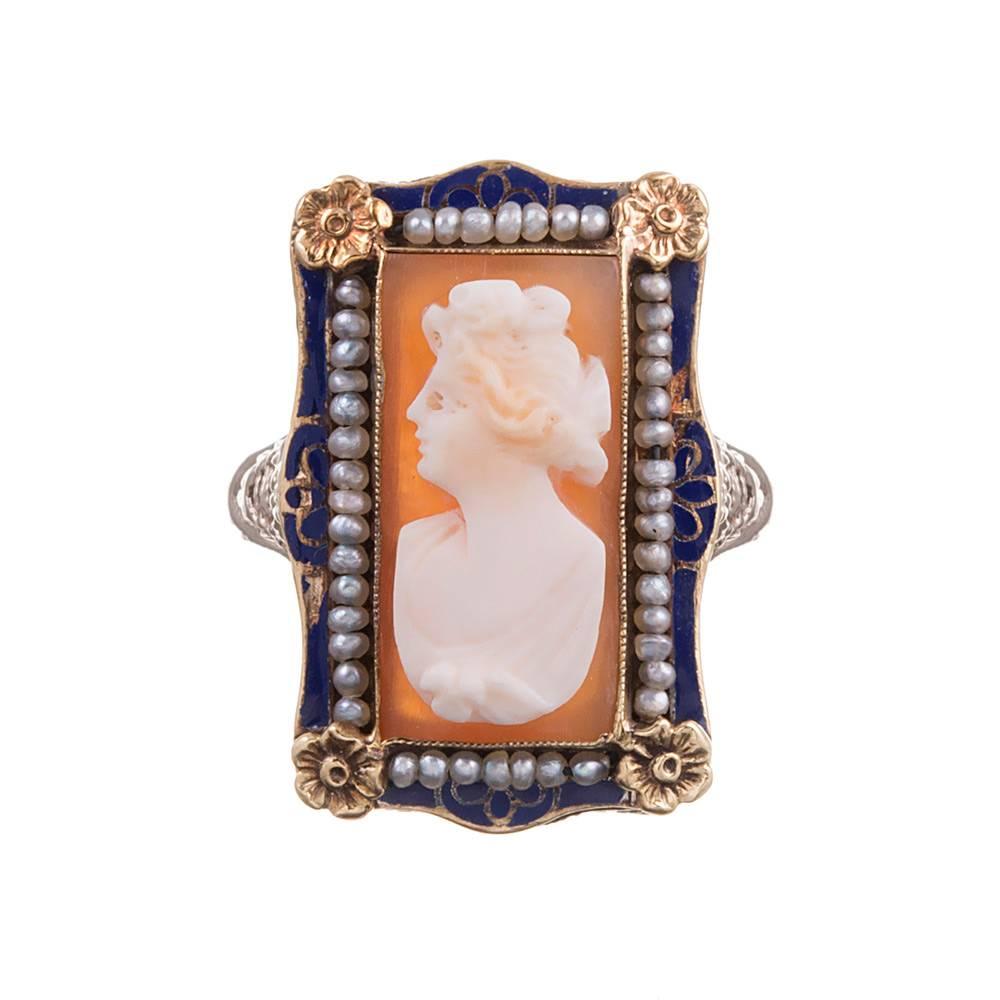 Enamel Seed Pearls Cameo Two Color Gold Filigree Ring