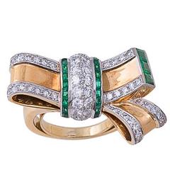 Retro Emerald, Diamond & Gold Bow Ring