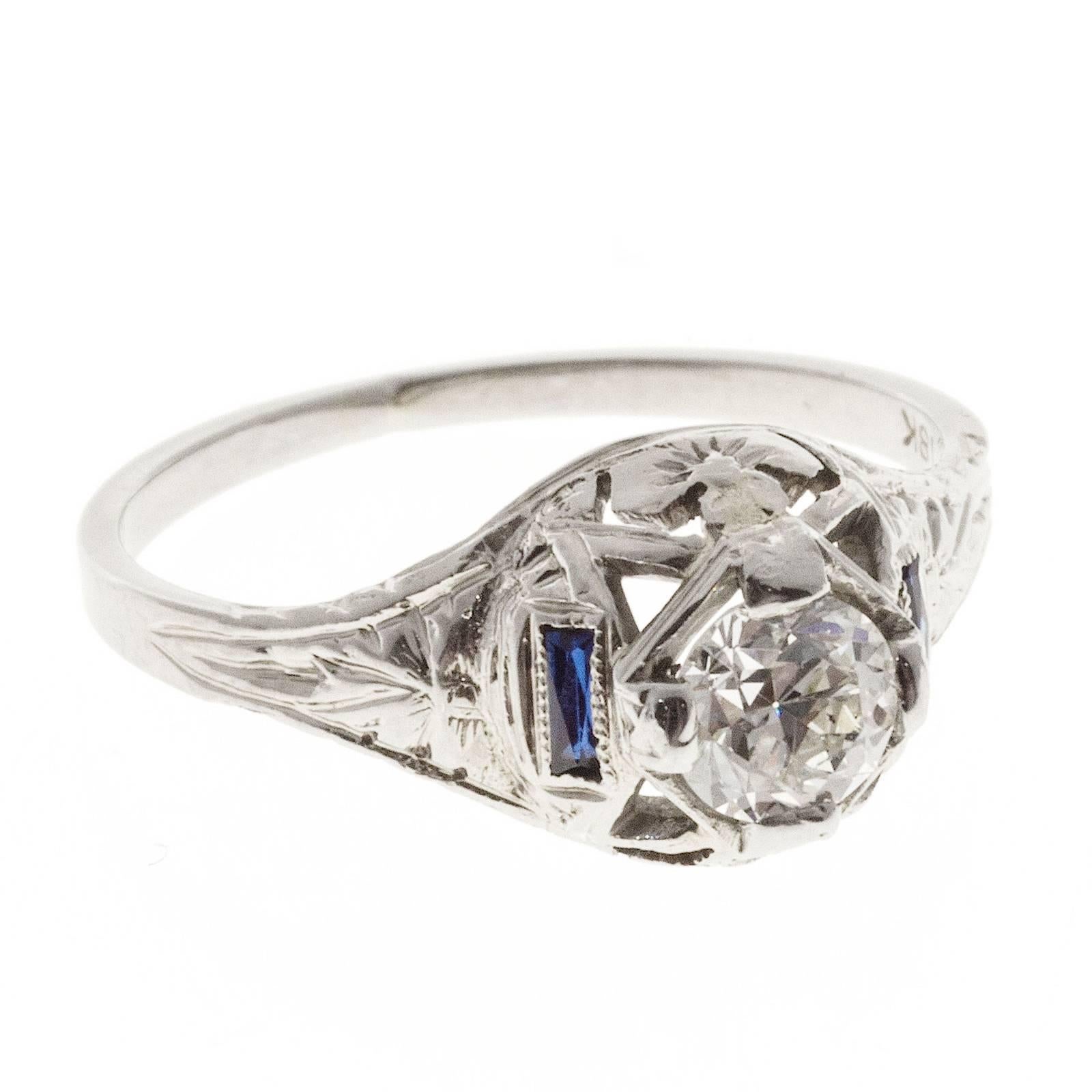 1930s Sapphire Diamond Filigree Gold Engagement Ring