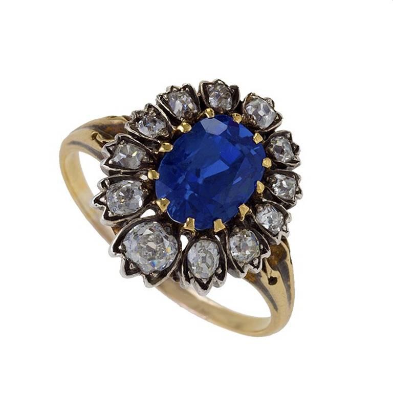 Antique Diamond and Sapphire Silver Top Gold Cluster Ring