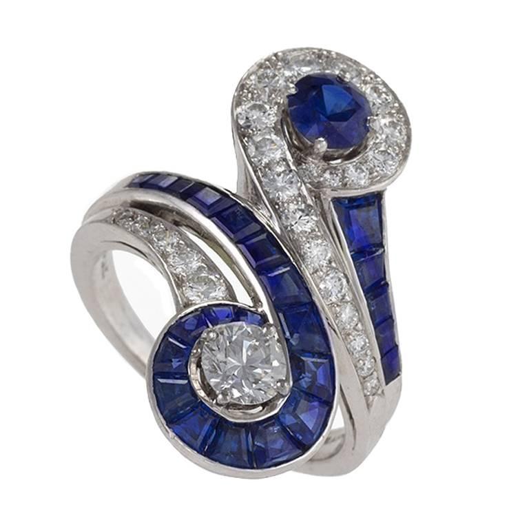 Tiffany & Co. 1950's Diamond, Sapphire & Platinum ‘Moi et Toi’  Ring