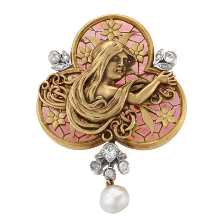 French Art Nouveau Diamond Plique-à-Jour Enamel Pearl and Gold 'Maiden' Brooch