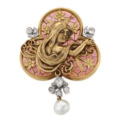 French Art Nouveau Diamond Plique-à-Jour Enamel Pearl and Gold 'Maiden'Brooch 5