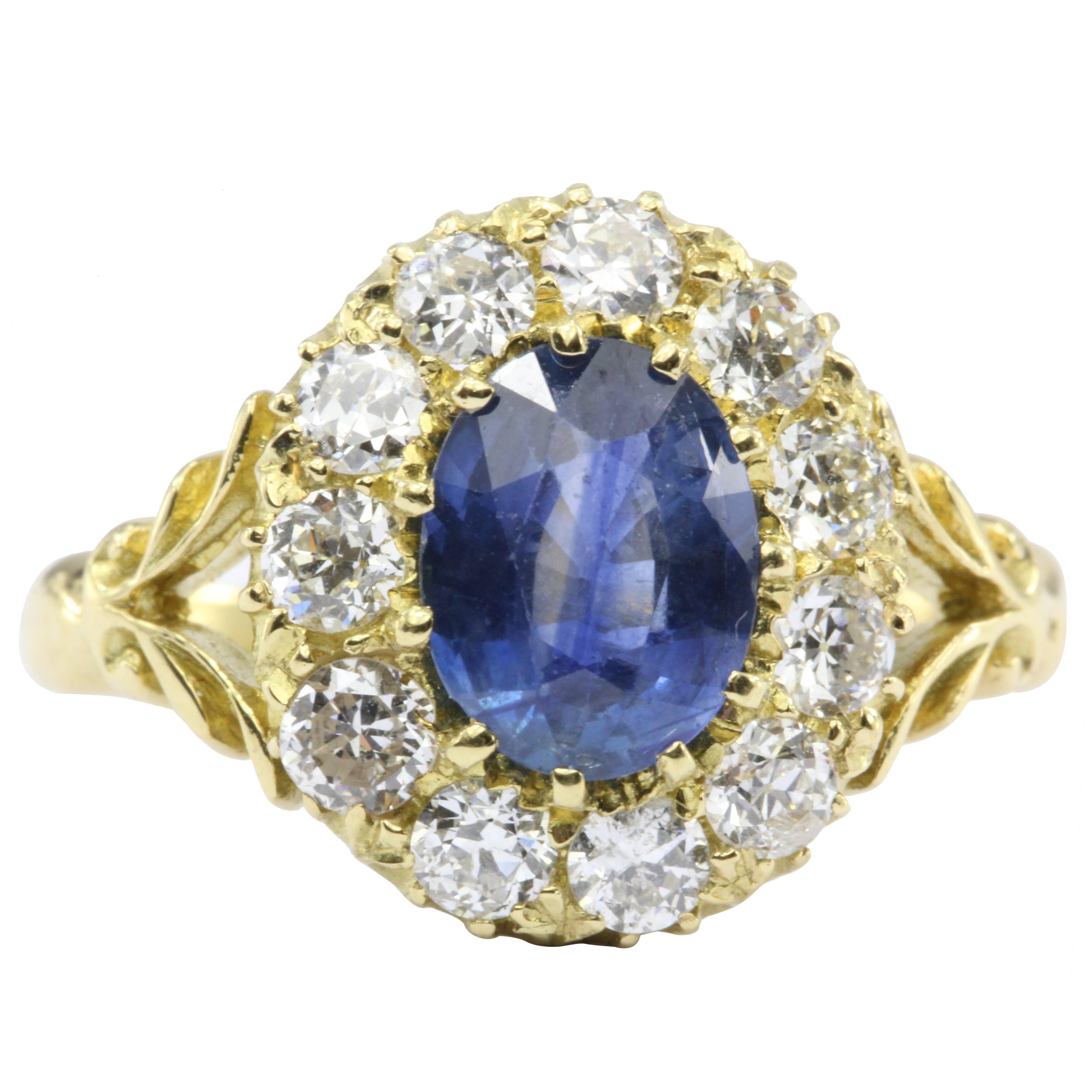 English Natural Burma Sapphire Old European Cut Diamond Ring AGL Certified