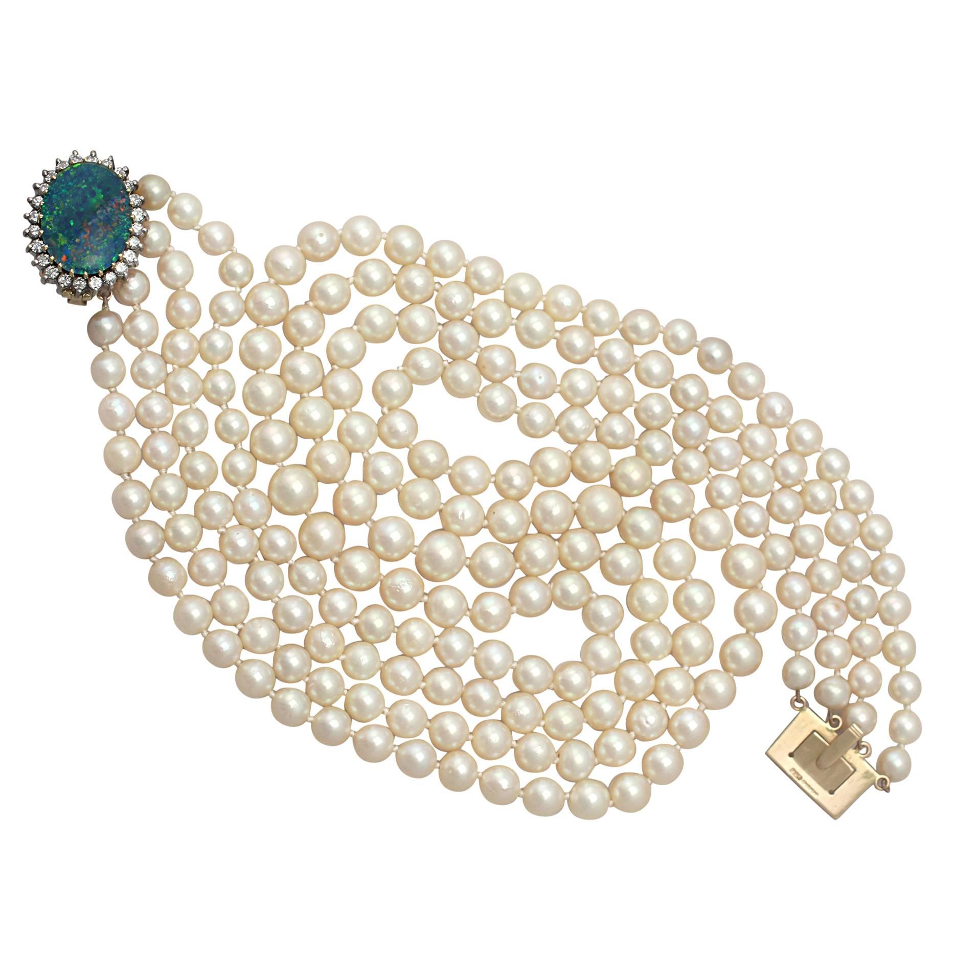 Four Strand Pearl Opal Diamond Gold Necklace