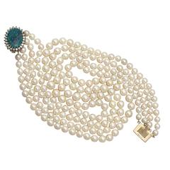 Vintage Four Strand Pearl Opal Diamond Gold Necklace 