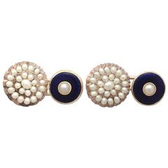 Antique 1840s Enamel and Seed Pearl, 15k Yellow Gold Cufflinks
