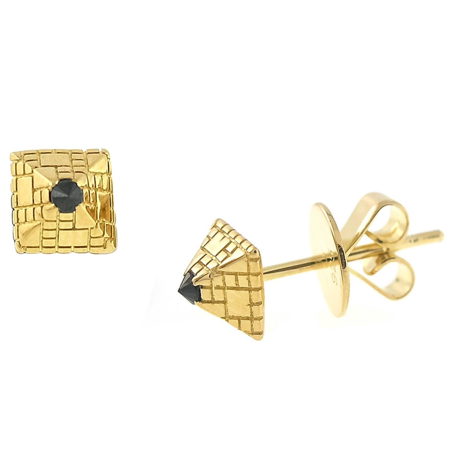 Black Diamond and 18K Gold Singular Stud Earrings For Sale